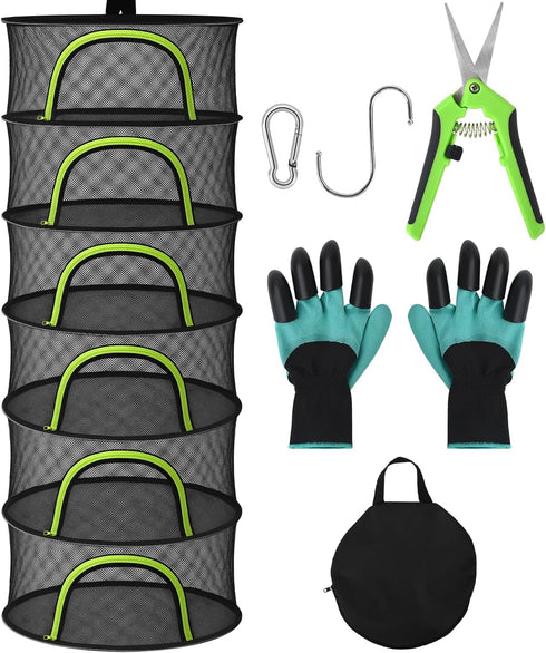 BRIVADO Herb Drying Rack Hanging Mesh 6 Layer 24" with Zipper, Gloves, Garden