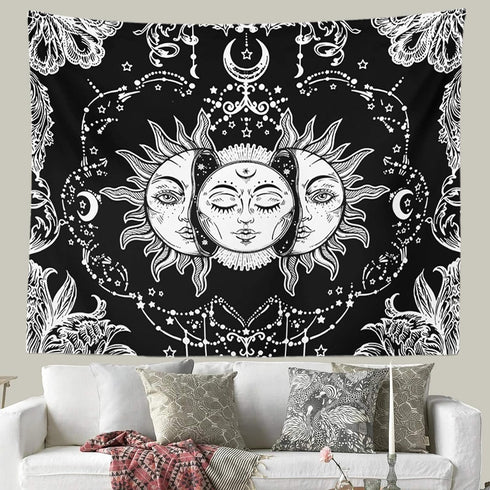 Ftuency Black and White Sun and Moon Tapestry, Mystic Burning Sun Wall Hanging Decor for Bedroom (59" W x 51" L)