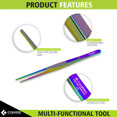 Cynamed 10” Kitchen Premium Tongs Tweezers, Stainless Steel with Precision Serrated Tips (Rainbow)