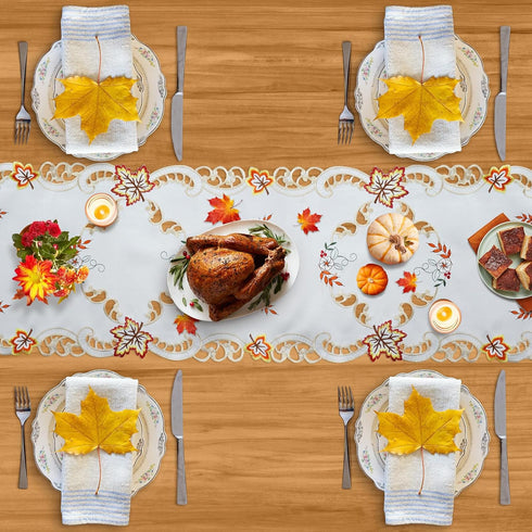 Jovialix 90 Inches Thanksgiving Fall Table Runner Long - Ivory Cutwork Lace with Embroidered Pumpkins & Maple Leaves