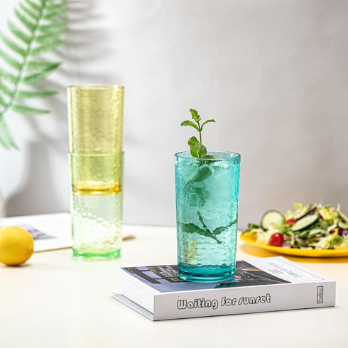 KX-WARE 20-ounce Acrylic Glasses | Set of 6 Multicolor Hammered Style | Dishwasher Safe & BPA Free