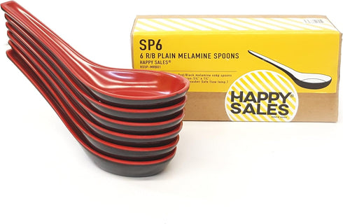 Happy Sales Melamine Soba, Rice Spoons, Chinese Won Ton Soup Spoon, Asian Red and Black, 6 Pack Plain Style