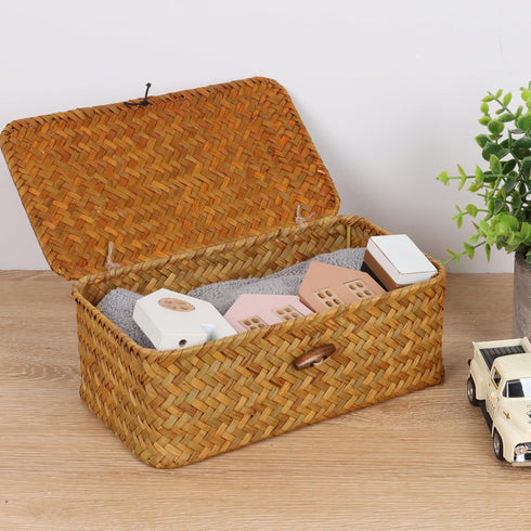 FEIALNDUO Wicker Shelf Baskets with Lid, X-Small Rectangular Handwoven Seagrass Storage Basket Bins for Home Organizer