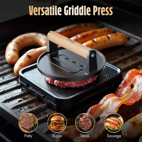 2 lb 6.6 Pisol Smash Burger Press, Pre-Seasoned Cast Iron Hamburger Smasher, Heavy-Duty Grill Bacon Meat Press Tool