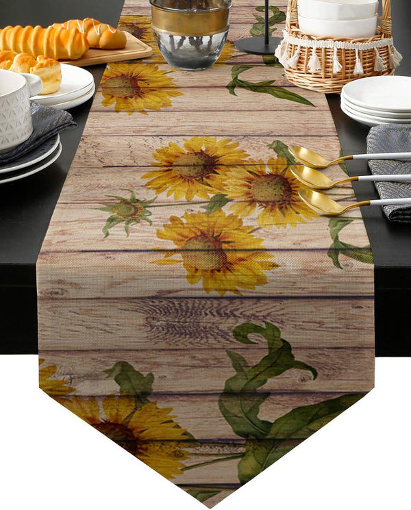 Cotton and Linen Triangle Table Runners, 108 Inches Long, Blooming Sunflowers Dresser Scarves for Wedding Party