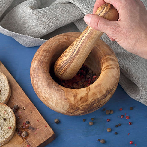 Set Forest Decor Olivewood Mortar and Pestle - Premium Wood Herb and Spice Grinder - Essential Kitchen Accessories