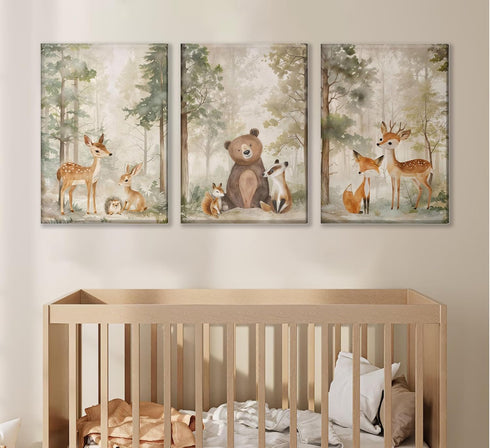 3Pcs MIZILI Woodland Animal Nursery Canvas wall art Wild Animals Forest Paintings Pictures Wall Decor Fox Bear Deer