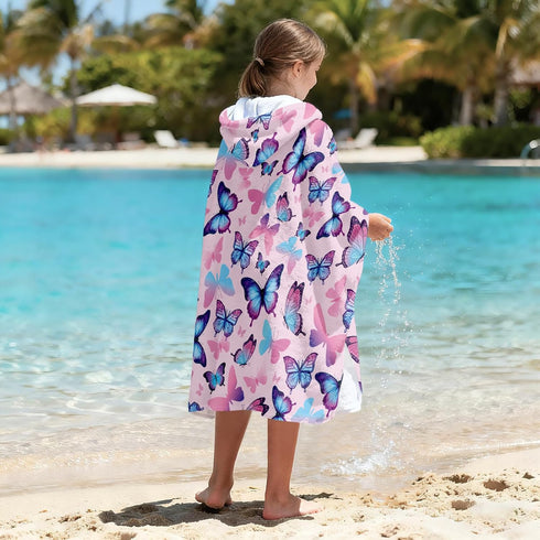 JOPJOLIW 30" 50", Butterfly Hooded Towel for Kids, Blue Pink Butterfly Poncho Blanket for Toddlers x Soft Flannel