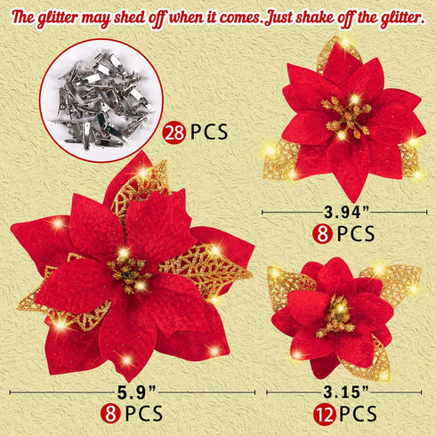 Geefuun 28PCS Christmas Tree Decorations: Red Glitter Poinsettias Artificial Flowers Ornaments with Clips, 3 Sizes