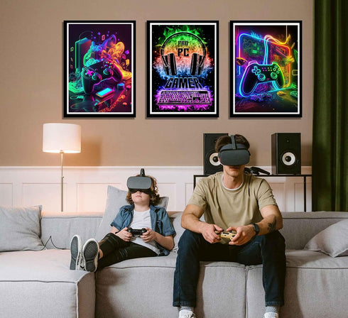 NBYARTQ 3Pcs Cool Gaming Wall Art - Retro Video Gamer Watercolor Posters, Colorful Neon Canvas Prints for Boys Room