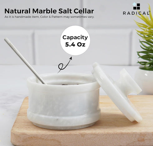 Radicaln Marble Salt Cellar, 4" Inch Handmade Sugar Bowl with Lid and Spoon, Spice Jar for Kitchen Storage