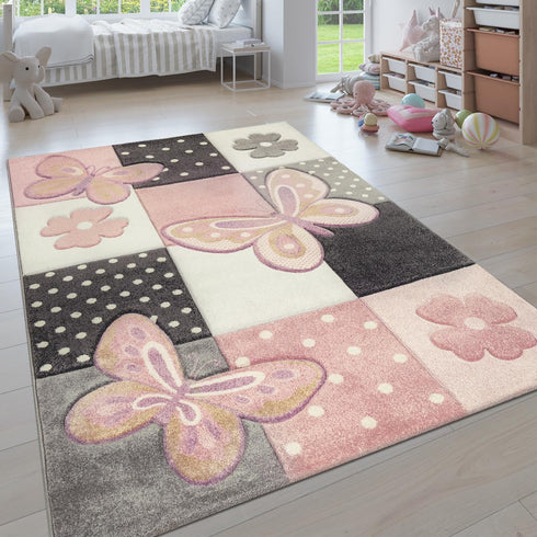 Kids Room Rug Pastel Colors Butterflies Check Pattern Spots Flowers Colourful, Size:2'8"