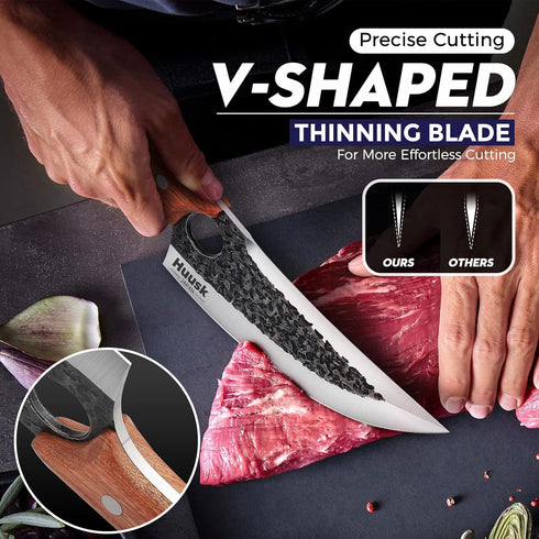 Huusk Upgraded Japan Kitchen Knife, Hand Forged Viking Butcher Knife with Sheath for Meat Cutting and BBQ