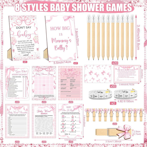 Funnymoom 426 Set-8 Mommy's Pcs Pink Bow Baby Shower Games Games, Includes Baby Shower Bingo, Price is Right, Guess