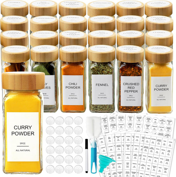 AISIPRIN Glass Spice Jars with 398 Labels, 24 pcs 4oz Spice Containers