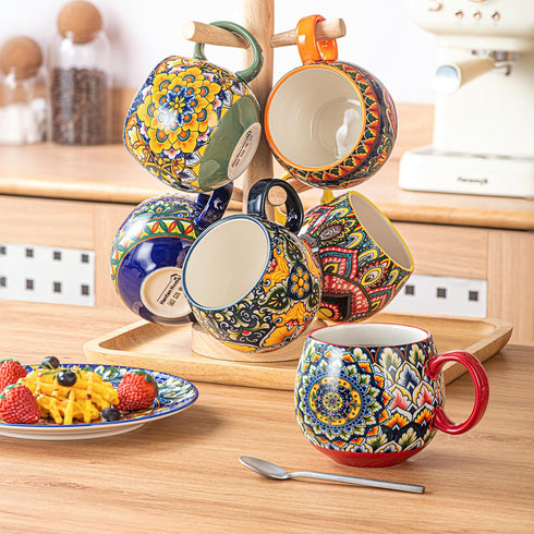 Set 6, 20 oz Henten Home Ceramic Coffee Mug of Colorful Coffee Cup with Handle, Boho Porcelian Mug for Cappuccino