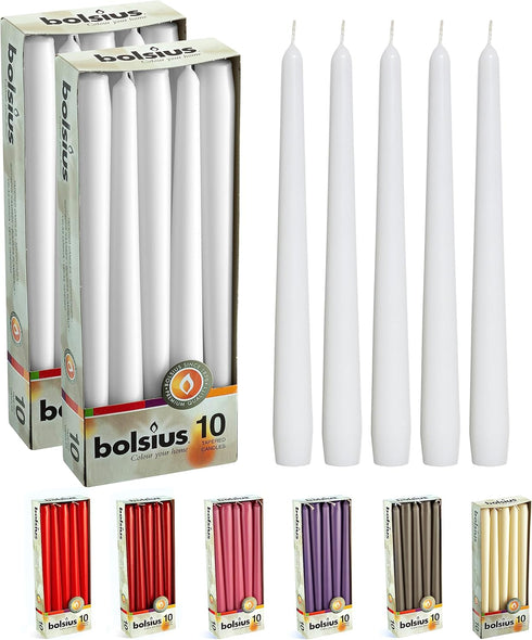 BOLSIUS 20 Count Unscented 10 Inch White Taper Candles - Premium Quality, Smokeless, Dripless