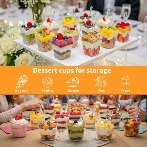 300 5 Oz 7 Oz Frozen Pcs Dessert Cups with Spoons and Lids, and Clear Plastic Parfait and Shooter Cups for Parties.