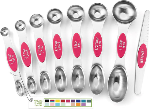 Spring Chef Pink Stainless Steel Magnetic Measuring Spoons Set of 8 with Leveler for Baking and Cooking Ingredients