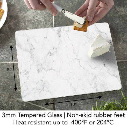 CounterArt White Marble Design Tempered Glass Cutting Board, 10"x8", Heat Tolerant and Dishwasher Safe