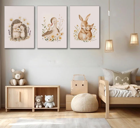 UNDDISINS 3 Pcs Animal Nursery Canvas Wall Art Watercolor Baby Animals with Wildflowers Painting Picture Wall Decor