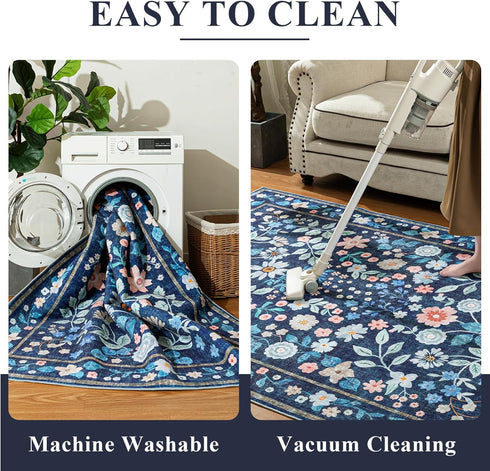 5x7 Blue,5'x7' YIHOUSE Blue Area Rug, Washable Bedroom Rug Floral Non Slip Soft, Colorful Flower Throw Carpet