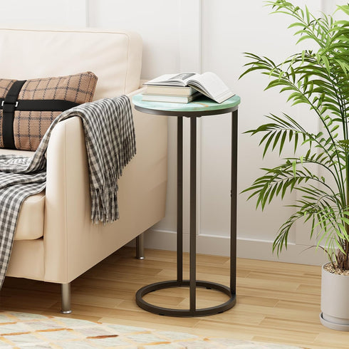 Katrawu Blue(11.81" 11.81" 23.62" C Shaped end Table,Wood Round Side Table for Couch,Small Sofa Table with Metal Frame