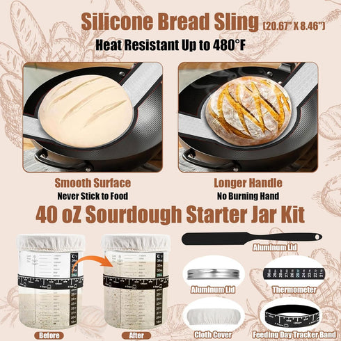 40oz 10" 11" Set Sourdough Starter Kit, Sourdough Bread Baking Supplies with Jar, & Cotton Banneton Proofing Baskets