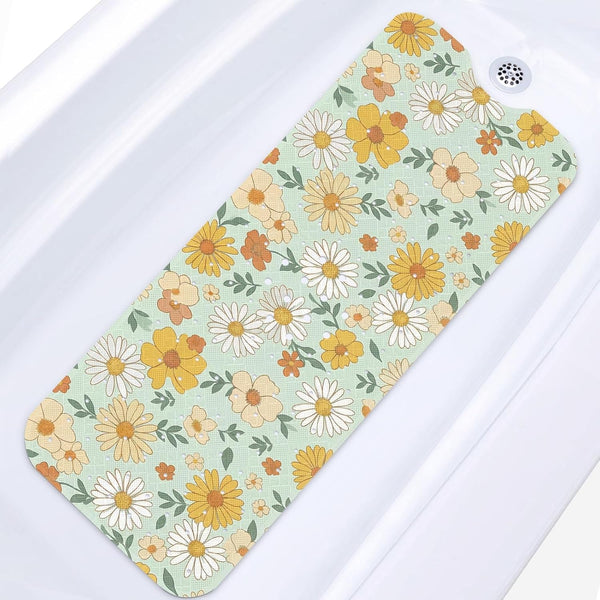 Culudea Daisy Retro Floral Bathtub Shower Mat Sage Boho Non-Slip Tub Extra Long