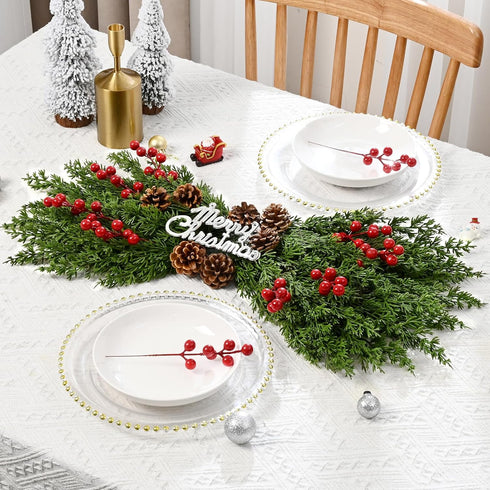 60 12.9" Waipfaru Pcs Christmas Artificial Pine Branches, Faux Evergreen Norfolk Pine with Red Berry Stems, Greenery