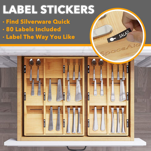 SpaceAid Bamboo Silverware Drawer Organizer: Kitchen Utensil Tray Holder with Labels, 6 Slots