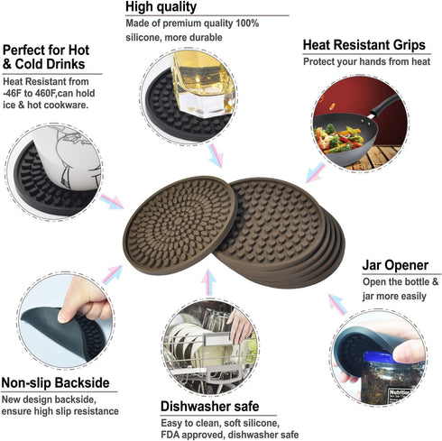 KindGa Coasters for Drinks – Absorbent Rubber Brown Coasters Set of 8, Large Silicone Drink Coaster for Protection.