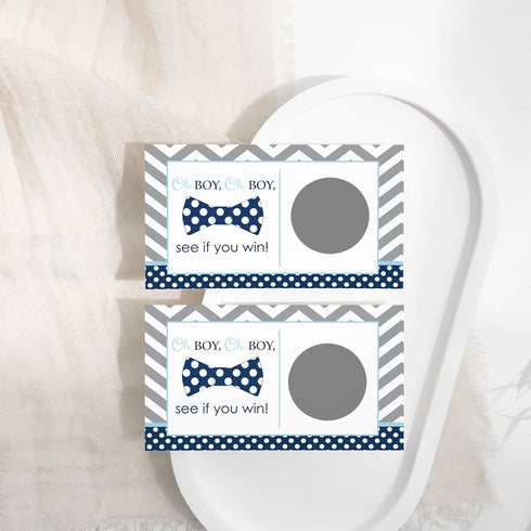 Bow-Tie Baby Shower Games for Boys - 28 Pack Scratch Off Game Cards, Little Man Theme in Blue and Grey