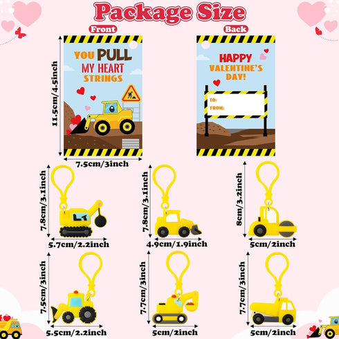 30 Pack Haooryx Valentine's Day Gift Cards with Construction Vehicles Keychains - Engineering Truck Keychain Key Rings