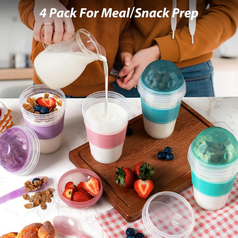 4 Pack 20 oz Freshmage Yogurt Parfait Cups with Lids, Reusable Overnight Oats Containers with Lids, Folding Spoons
