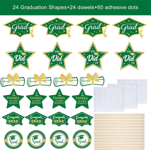 Green and Gold Graduation Decorations Set (24 Pieces) - Class of 2025 Table Decor, Congrats Grad Party Supplies