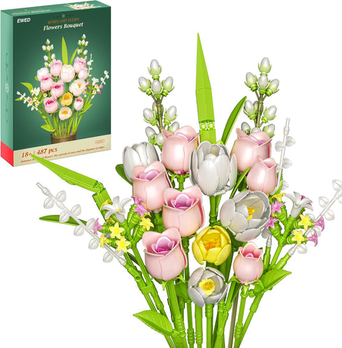 EWED Tulip Rose Flowers Building Sets, Gift for Mothers Day, Flower Bouquet Compatible