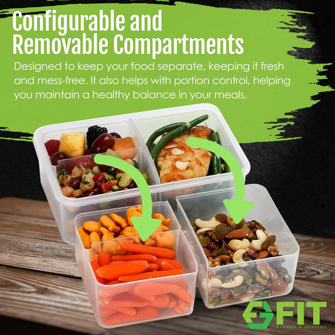 Bento Box Lunch Containers with Lids - Meal Prep Containers for Adults & Kids, Leakproof, 3 Compartments (2 Pack)