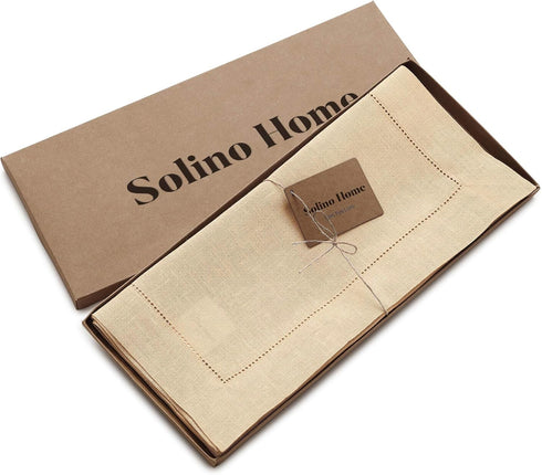 Solino Home Beige Linen Table Runner 36 Inch, 100% Pure Linen Classic Hemstitch, Machine Washable Dining