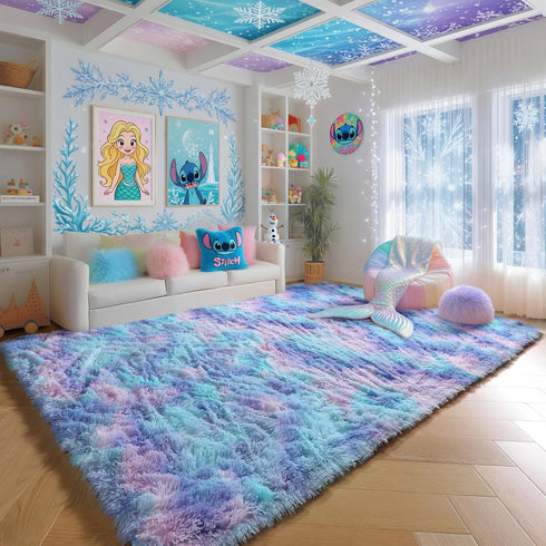 4x6 PAGISOFE Cute Furry Pastel Rug for Girls Bedroom, Soft Adorable Rainbow Purple Tent Rugs for Livingroom, Kid