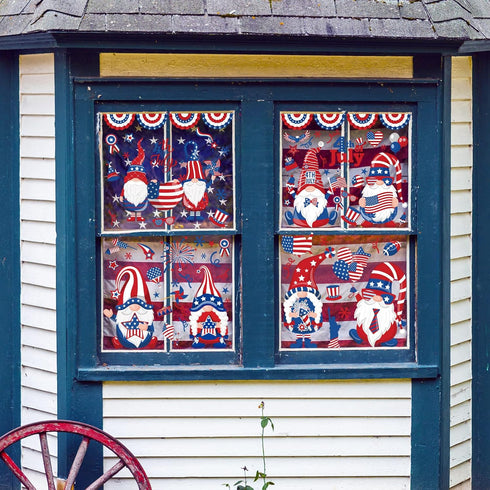 138Pcs Patriotic Window Clings, 4th of July Gnome American Flag Firework Decals, Red Blue Star Stripe Double-Sided PVC