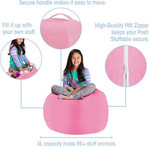 Posh Stuffable Kids Stuffed Animal Storage Bean Bag Chair Cover - Large 38" Solid Pink Toy Organizer for Children