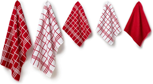 Sets 12x12 inch 16x24 inch Pack 10 Encasa XO Kitchen Towels and Dish Cloths | Red Combo Highly Absorbent Cotton Terry