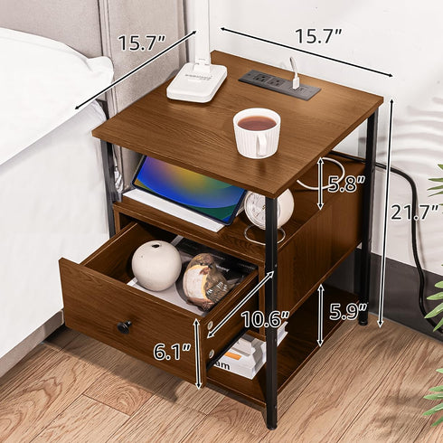 Our Modern Space Wooden Nightstand with Charging Station USB Port and Single Drawer | Bedside Table End Cabinet