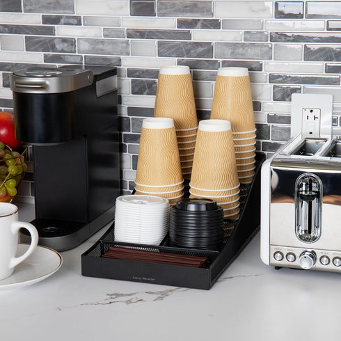 Mind Reader Cup and Condiment Station, Countertop Organizer, Coffee Bar, Kitchen, Metal Mesh, 8.5"L x 14.5"W x 5.25"H, Black by Mind Reader
