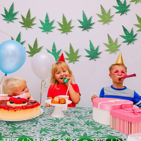 2 Pieces Pot Leaves Weed Banners and 51.2 x 86.6 Inch Weed Tablecover for Pot Leaf Birthday Party Picnic Decoration