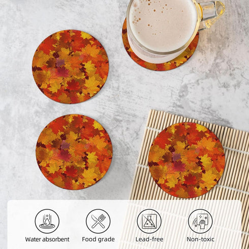 HOYYU Set 4 Fall Autumn Maple Leaves Coasters for Drinks Absorbent Ceramic Coasters of for Coffee Table Cup Bar Beer