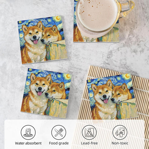 Set 4, 4 Inch Van Gogh Shiba Inu Coasters for Drinks of Watercolor Dog Absorbent Diatomite Ceramics Coasters for Coffee