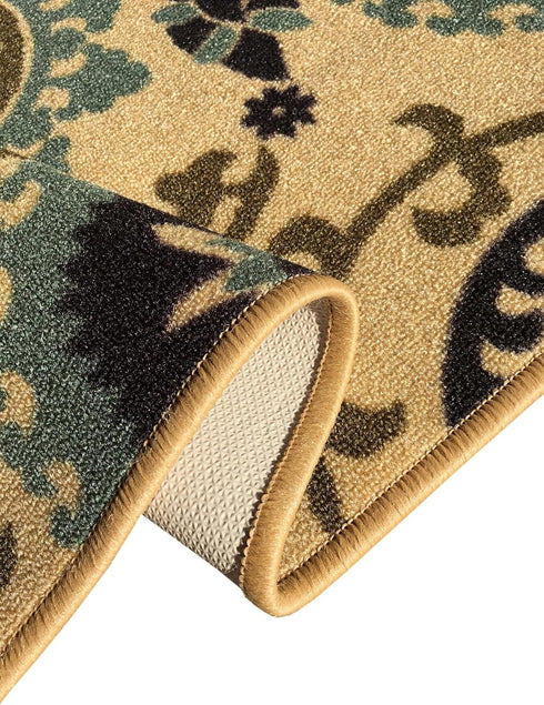 Custom Size Beige Floral Medallion Rubber Backed Non-Slip Hallway Stair Runner Rug, 31 Inch Wide, Choose Your Length