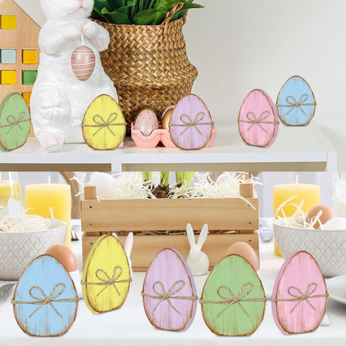 5Pcs Whaline Retro Easter Egg Wooden Signs Colorful Egg Shape Rustic Farmhouse Tiered Tray Decor with Hemp Rope Spring